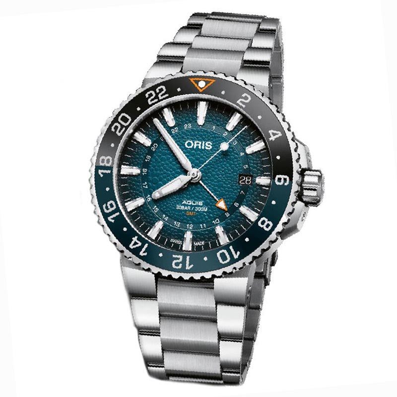 オリス ホエールシャーク リミテッドエディション 01 798 7754 4175-Set アクイス GMT デイト ダイバーズウォッチ,ステンレススティールケース,ブルーダイヤル,ステンレススティールのトリプルリンクバンド